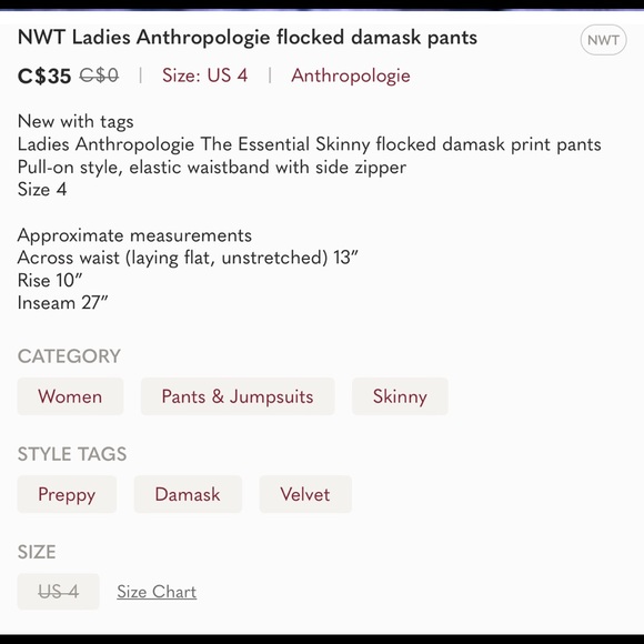 NWT Ladies Anthropologie flocked damask pants - Picture 8 of 9